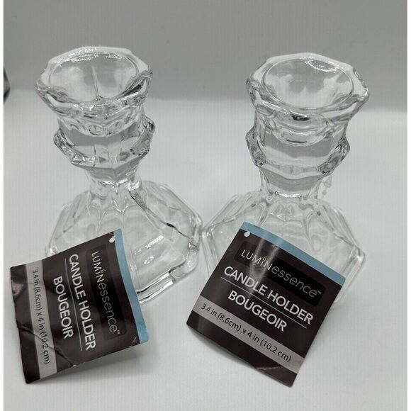 Candlesticks Pair 4" Clear Glass Crystal Taper Candle Holder Holiday Tablescape - Picture 1 of 5